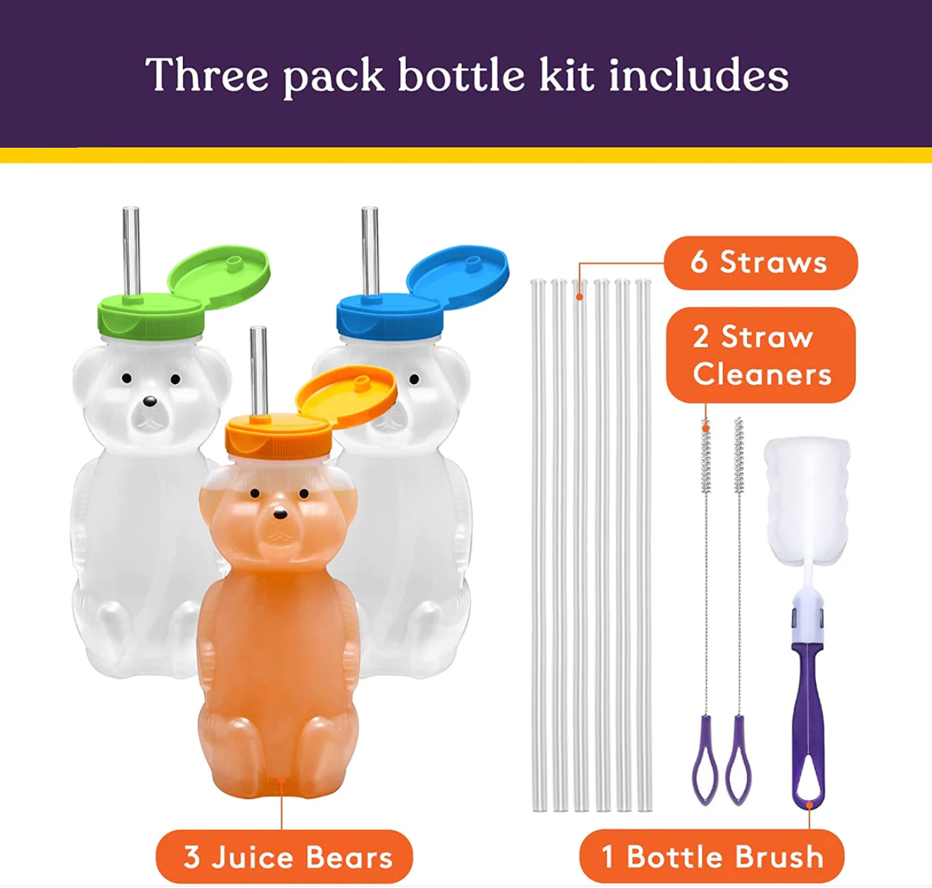 Juice Bear Bottle Drinking Cup with Long Straws, 3-pack